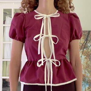 Elegant Boutique Mandarin Burgundy Blouse with Bows NWOT